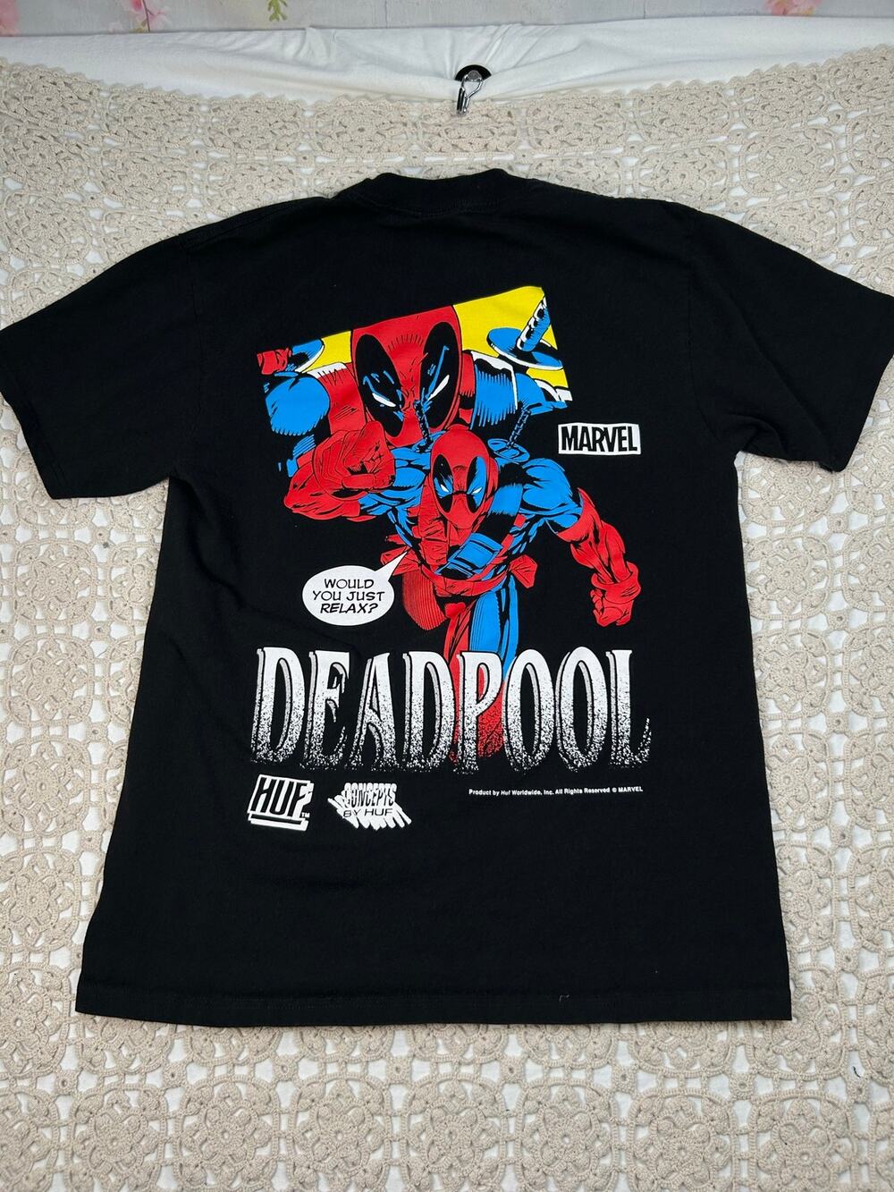 HUF x Marvel Deadpool Graphic T Shirt Black Size Medium Comics Streetwear Tee